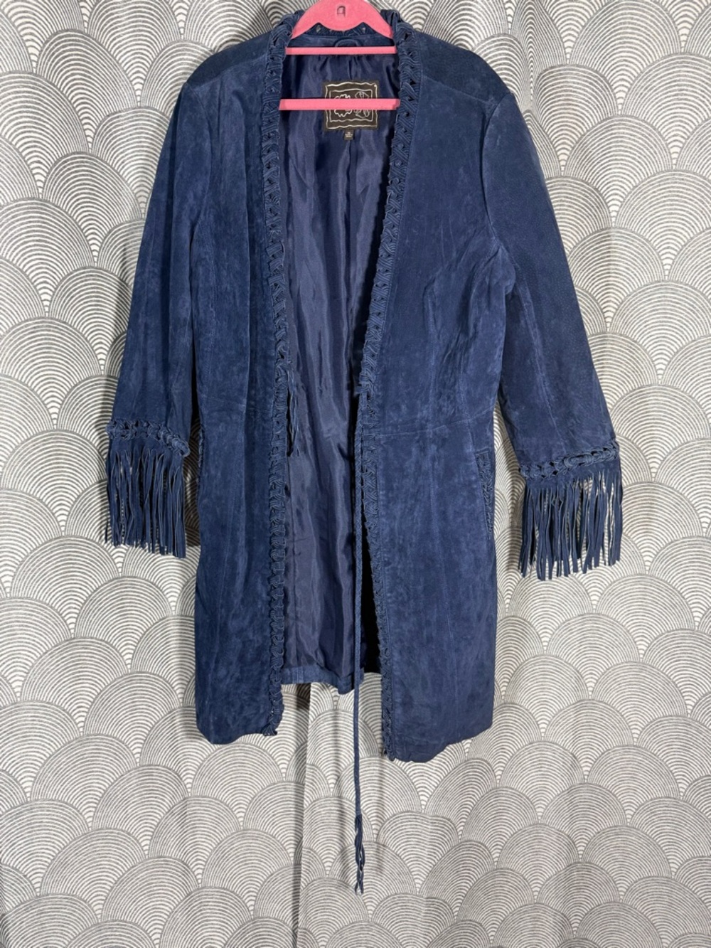 Fringe Trim Navy Suede Open-Front Jacket